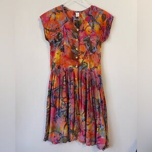Floral Orange & Pink Button-Front Midi Dress